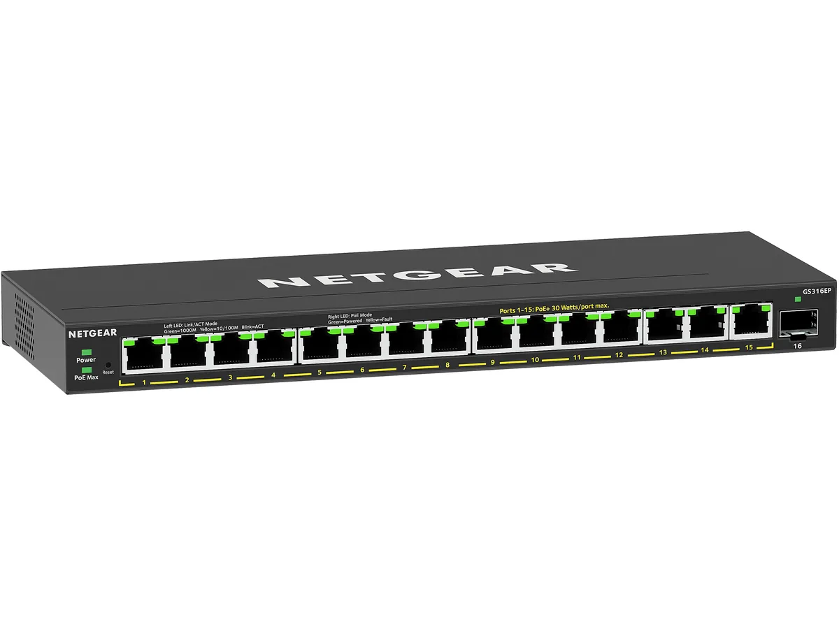 Netgear Inc. Netgear Inc. GS316EP-100NAS 16-Port PoE+ Gigabit network switch 180W 1 SFP — product photo
