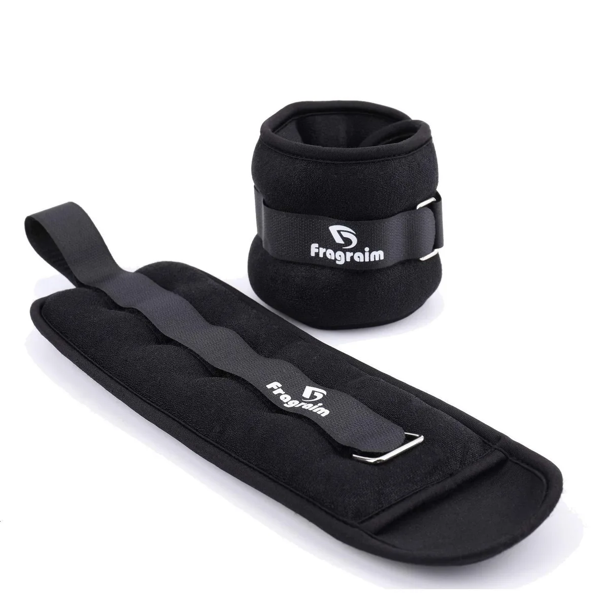Pair of black neoprene and cotton ankle weights with adjustable hook-and-loop straps, 14 inches long
