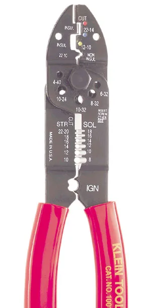 Klein Tools 1001 multi-purpose electrician tool with red cushioned handles and clear finish
