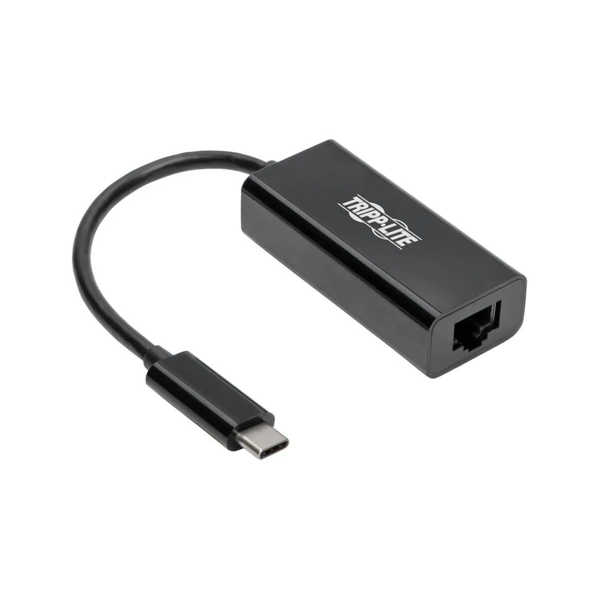 Small black rectangular USB-C to Ethernet adapter