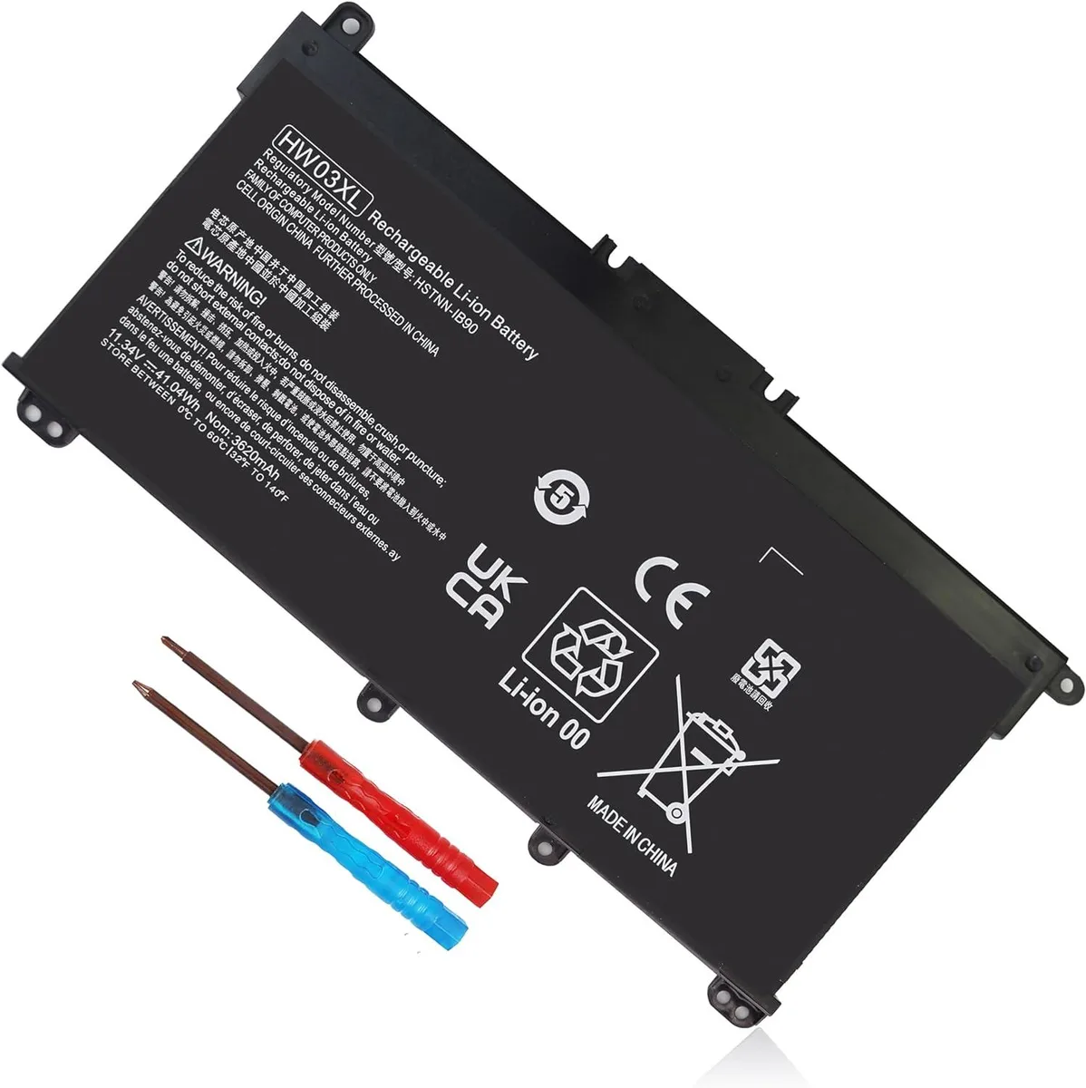 Rectangular black lithium-ion laptop battery with three cells, 11.34V 41.04WH rating