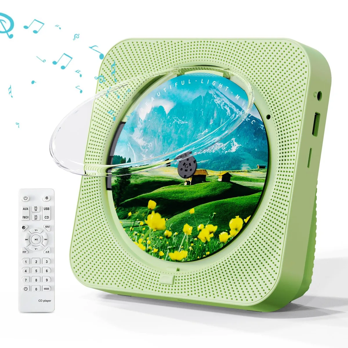 Green square desktop CD player with LED display, built-in dual speakers, remote control, Bluetooth 5.1, headphones included