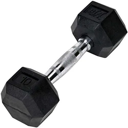 Single 10lb rubber hex dumbbell with knurled grip