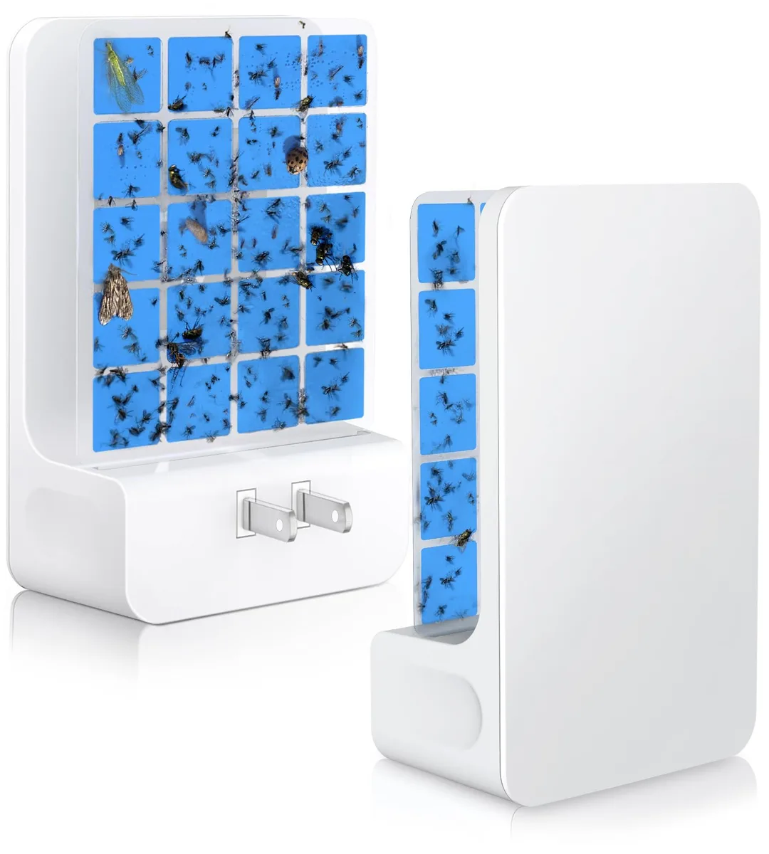 White rectangular plug-in unit with transparent double-sided sticky cards and UV light visible