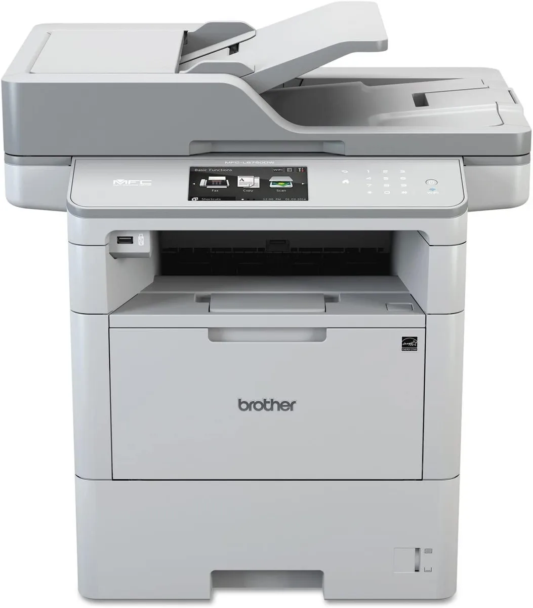 White rectangular multifunction laser printer with color touchscreen and document feeder