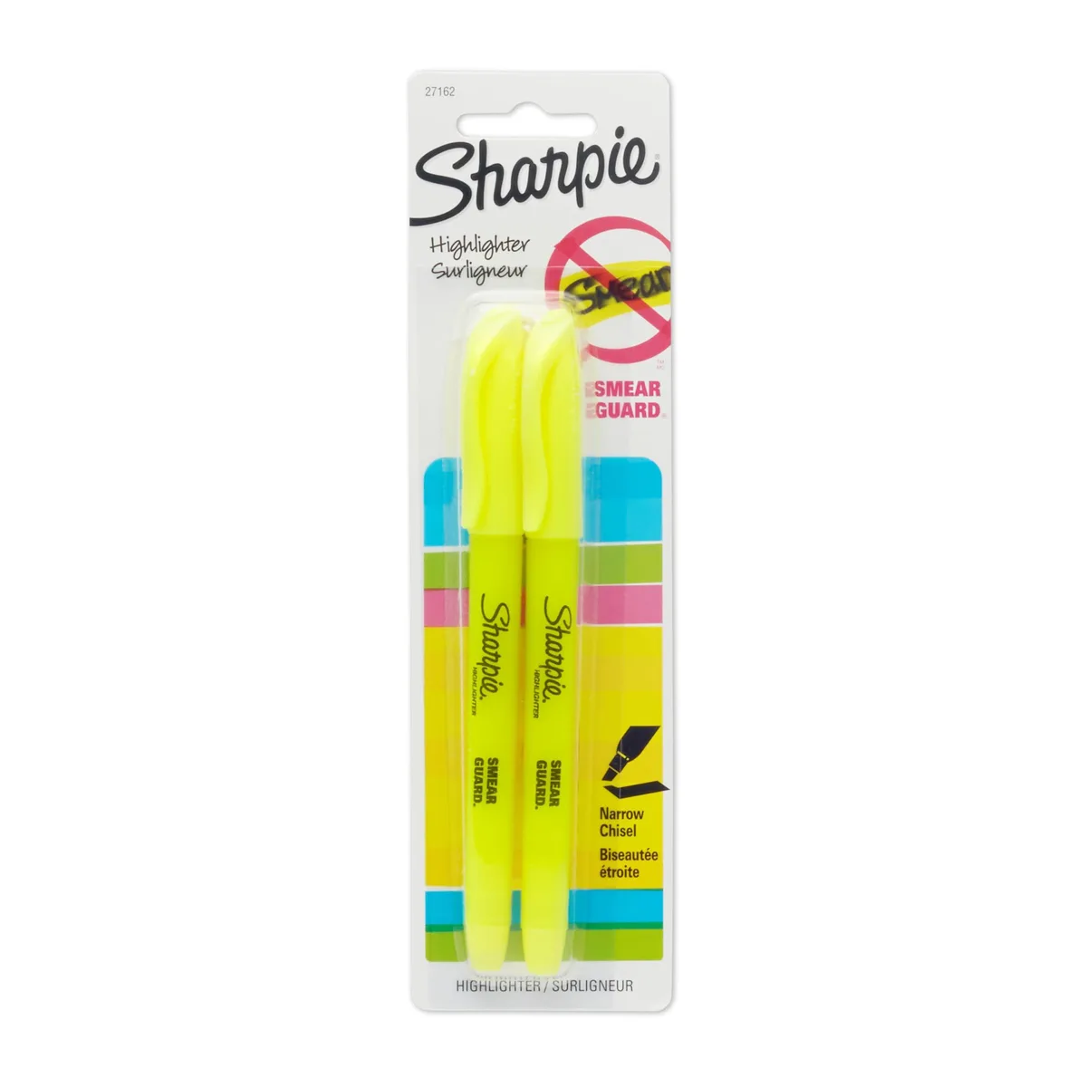 Two slim yellow highlighters with chisel tips lying side by side