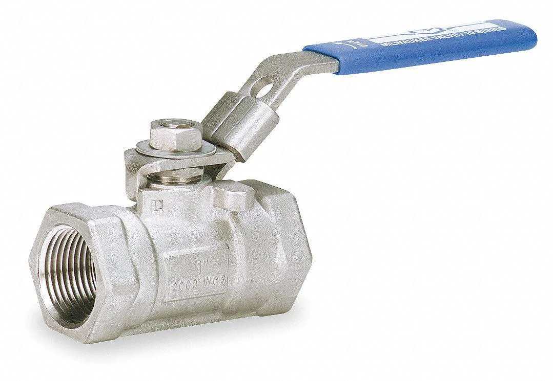 Stainless steel ball valve with locking handle, straight body, 3/8 inch FNPT connections