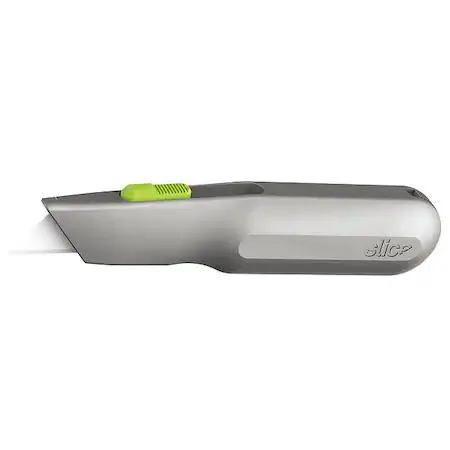 Green retractable utility knife with textured grip and slider button