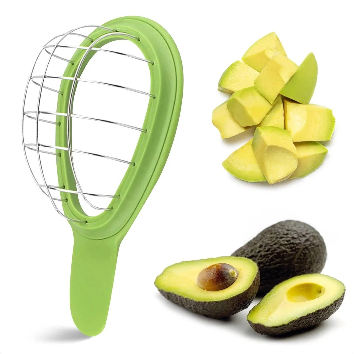 Green plastic avocado slicer with stainless steel wires, ergonomic handle, 3.2 by 6.3 inches