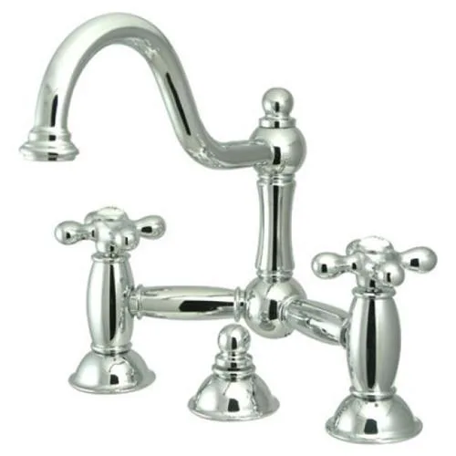Chrome two-handle widespread lavatory faucet with brass pop-up drain, deck-mounted on three holes