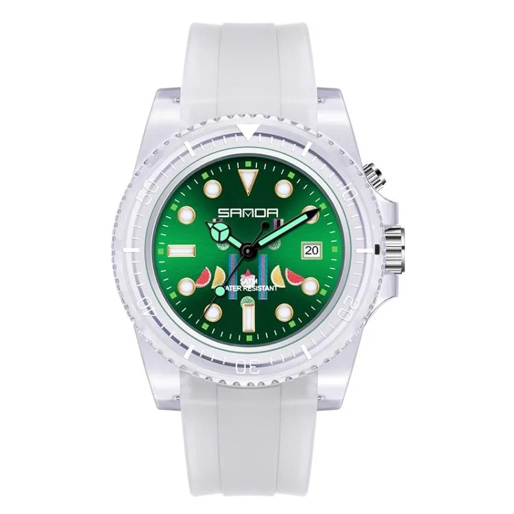 Green dial watch with transparent TPU strap, ABS case, 12.5mm thick