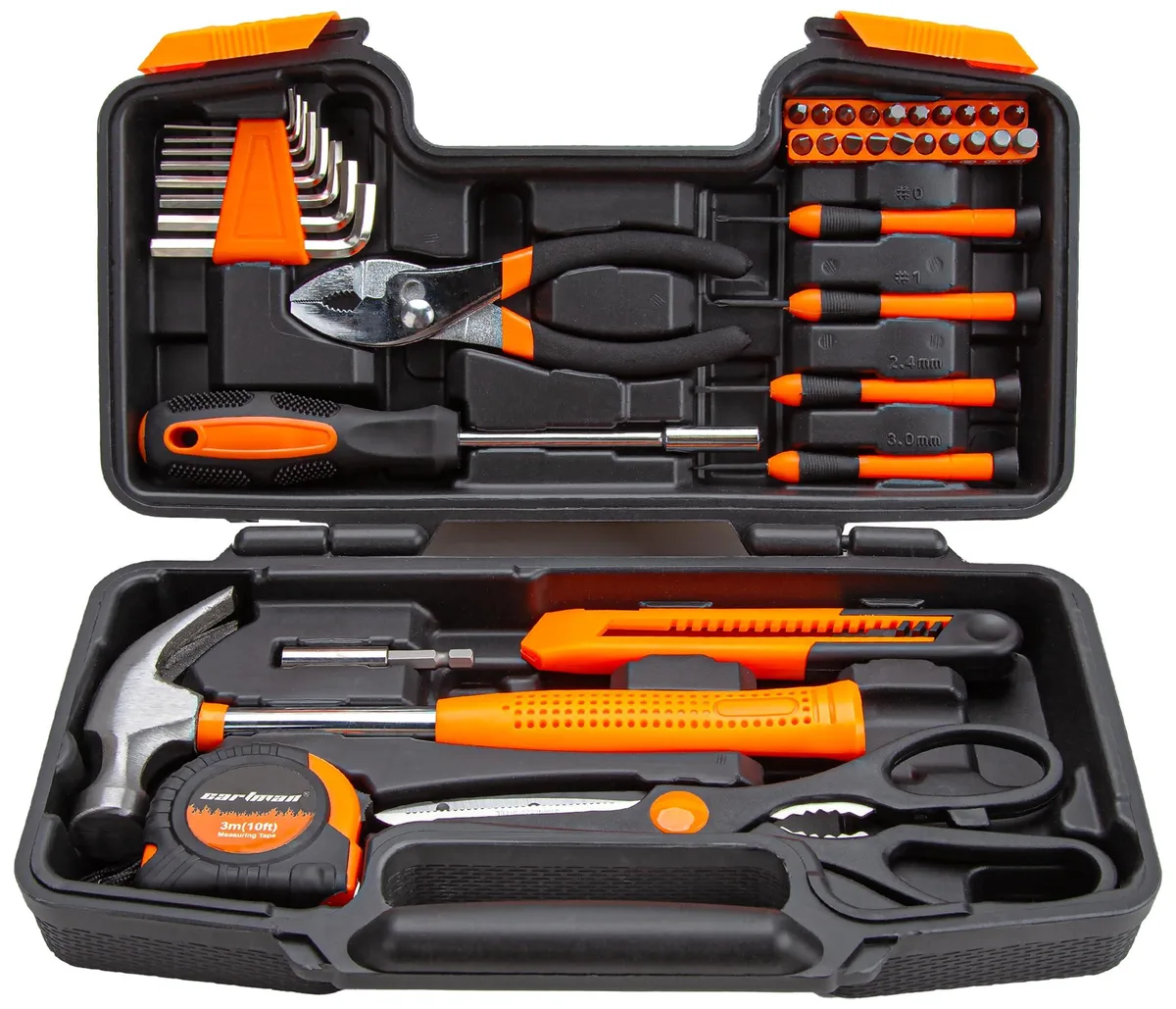 Orange plastic toolbox with handle, 12.4 by 7.4 by 3 inches