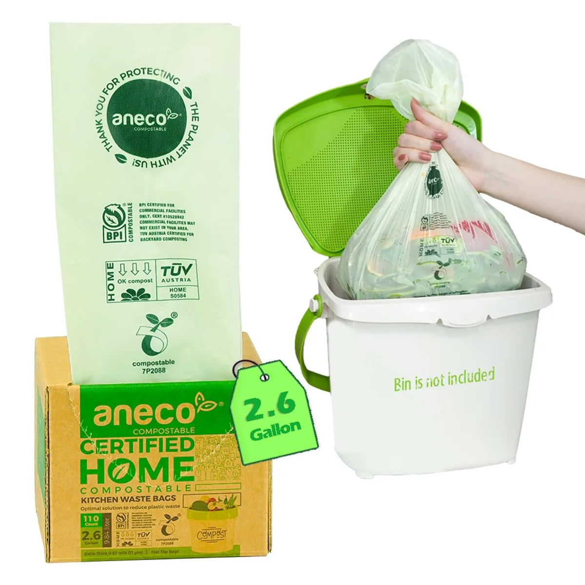 Roll of 110 compostable cornstarch bags in kraft dispenser box