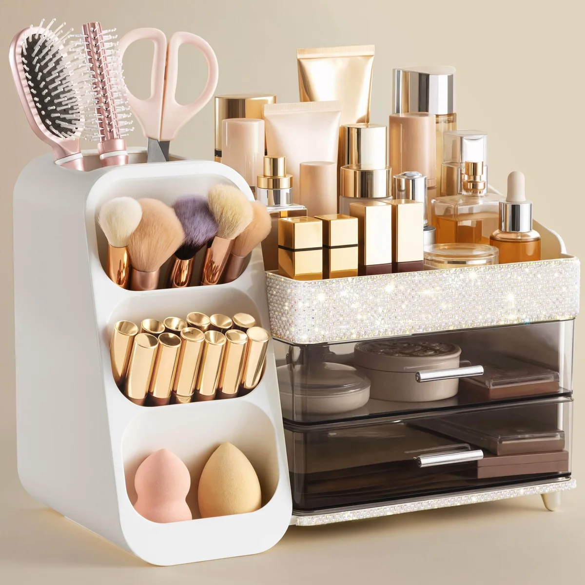Pearl white plastic vanity organizer with ten compartments and two drawers