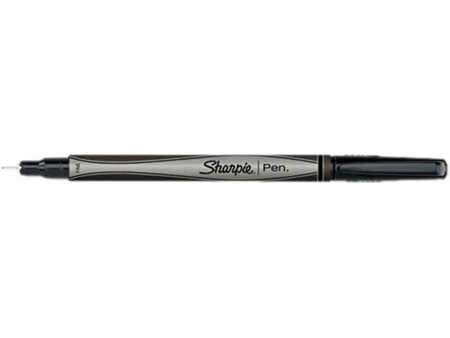 Twelve black fine-point stick pens with grey barrels and silver accents, capped, in a plastic tray