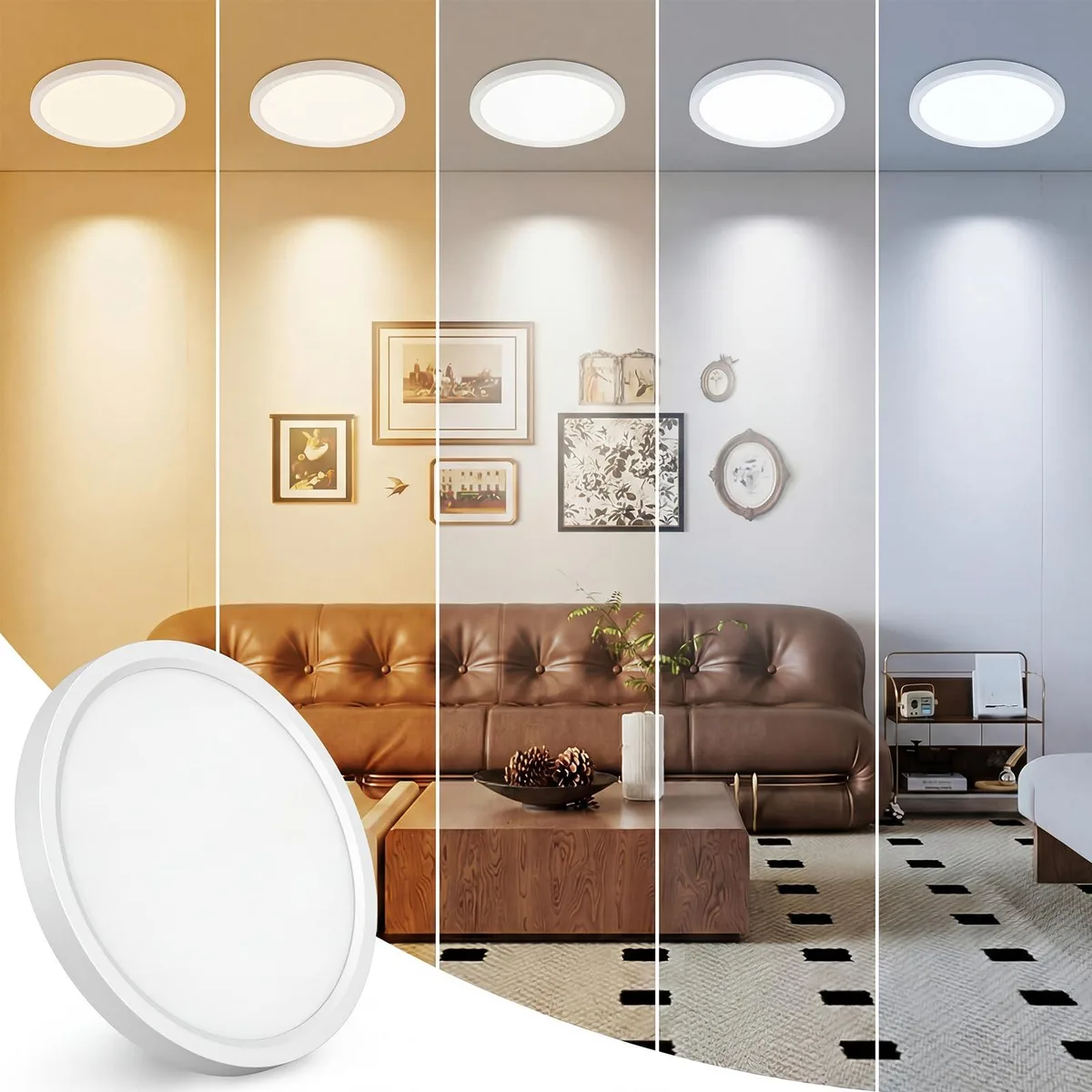 White ultra-thin 7-inch round LED flush mount with clear prismatic shade