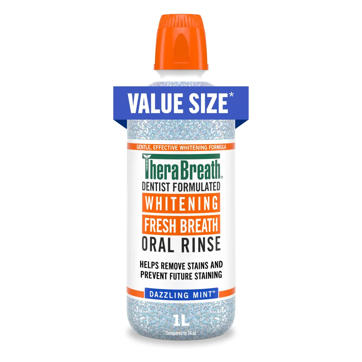 Clear one litre bottle with mint liquid, white cap, rectangular label