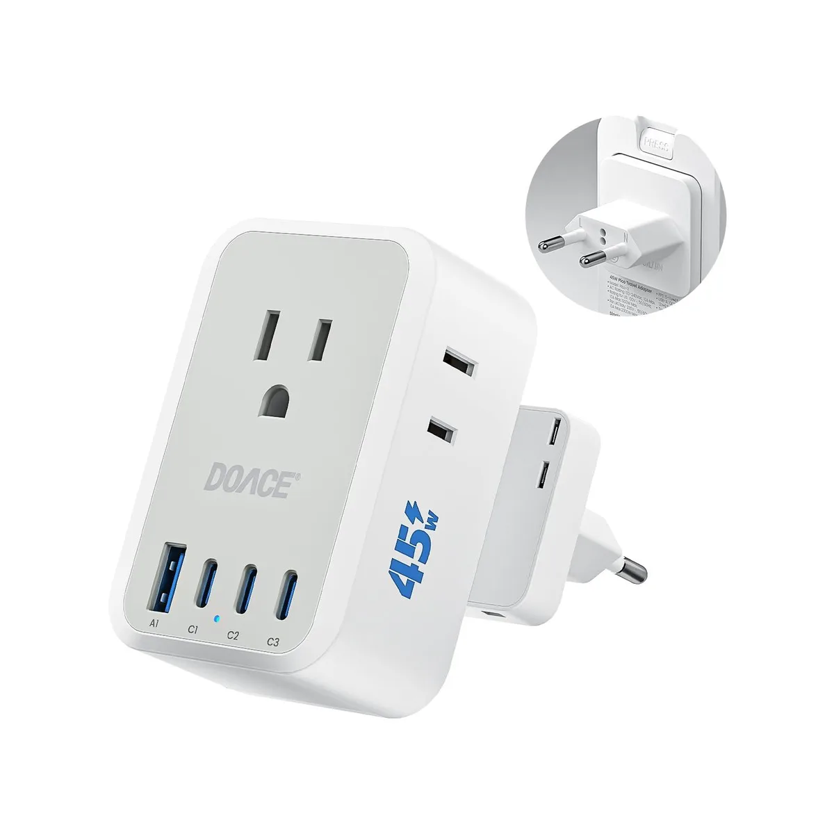 Compact grey-white travel adapter with European Type C plug, three USB-C ports, one USB-A port and AC outlet
