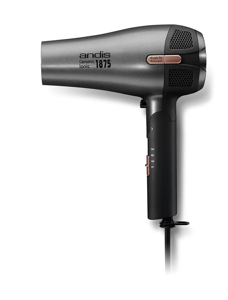 Black and silver folding hair dryer with retractable cord