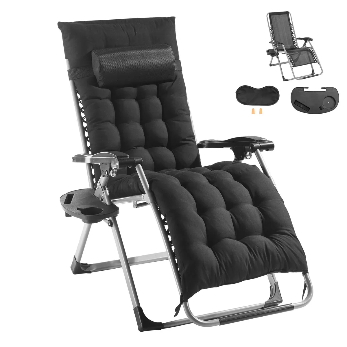 Black zero-gravity recliner folded flat showing steel frame and padded seat