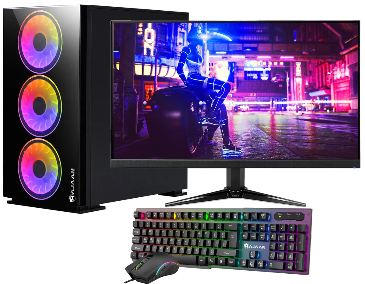 HAJAAN HAJAAN BREEZE Gaming PC Ryzen 7 5700X RTX 5060 32GB DDR4 2TB NVMe 27" Monitor — product photo