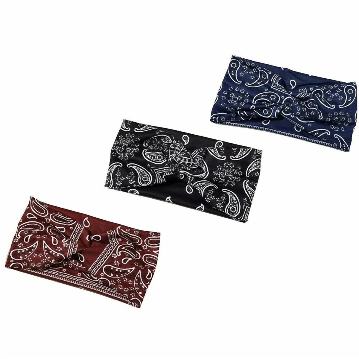 Three knotted turban-style headbands in maroon navy and black stretchy spandex fabric