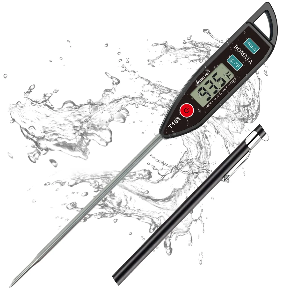 Black digital thermometer with 5in stainless steel probe and sheath