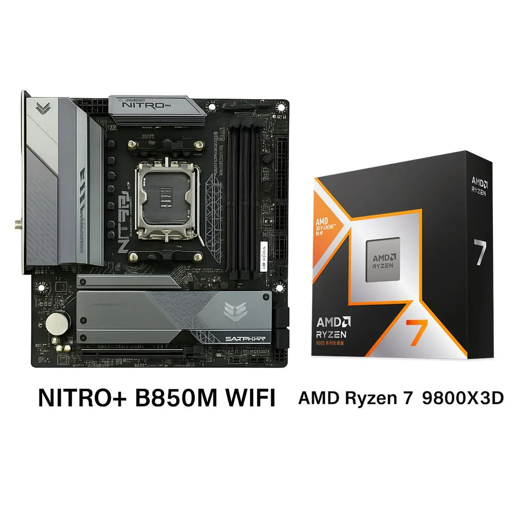 Sapphire Tech Sapphire Tech NITRO+ B850M WIFI AMD motherboard &amp; Ryzen 7 9800X3D CPU combo — product photo