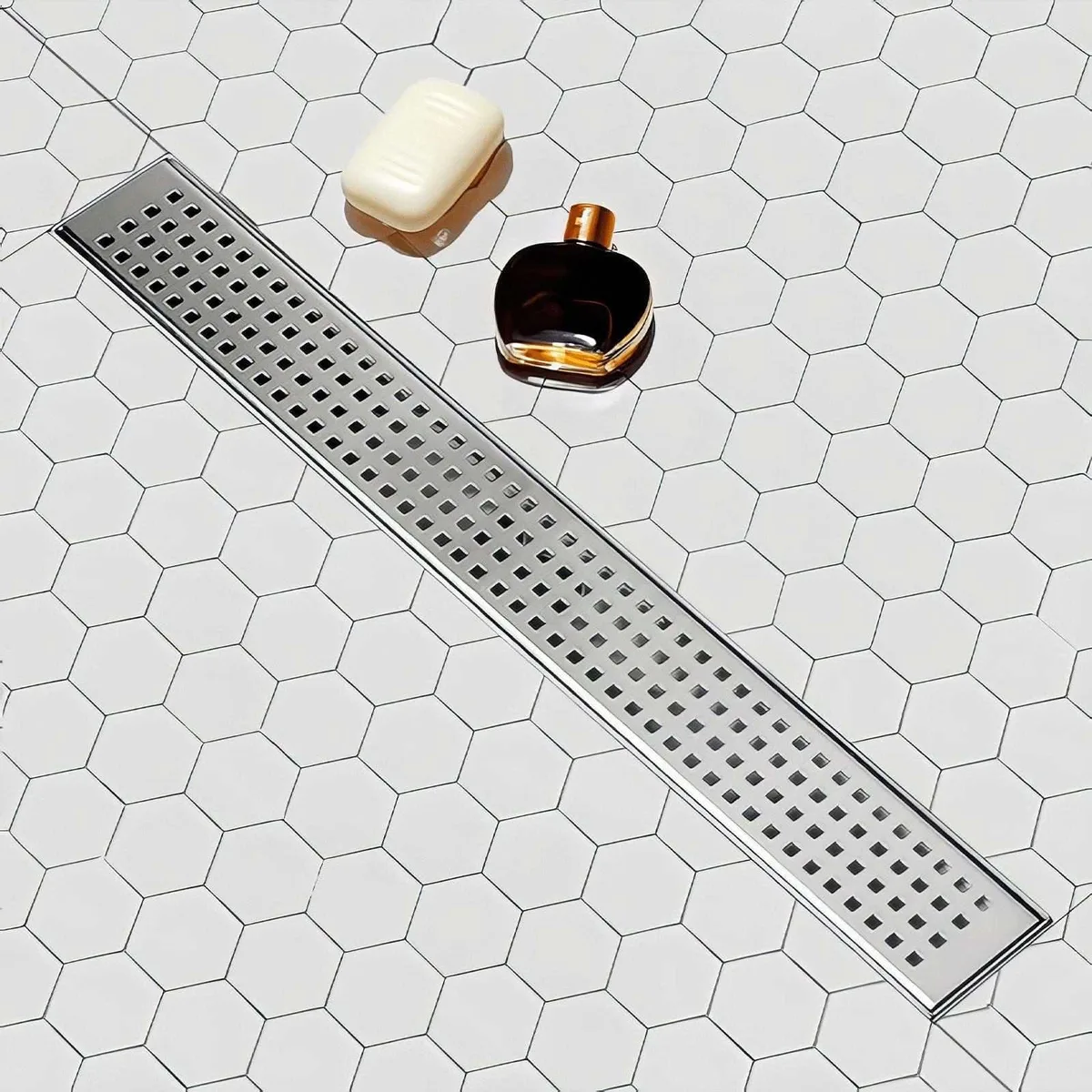 32 inch brushed stainless steel linear shower drain with square hole panel