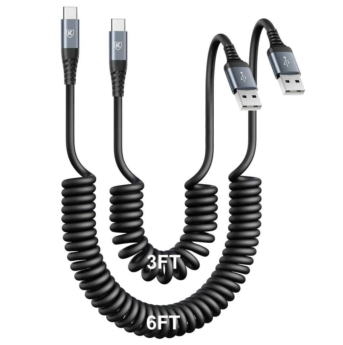 KEHIPI KEHIPI USB A to USB C Coiled Cable 2-Pack 3FT+6FT Black — product photo