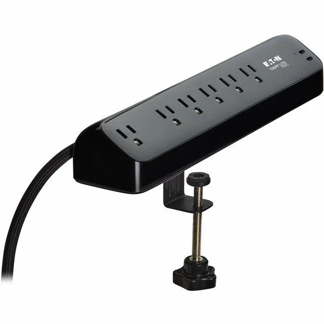 Tripp Lite Tripp Lite TLP610U30CLAMPB surge protector 6 outlets 2 USB-C 30W 900J 10ft clamp — product photo