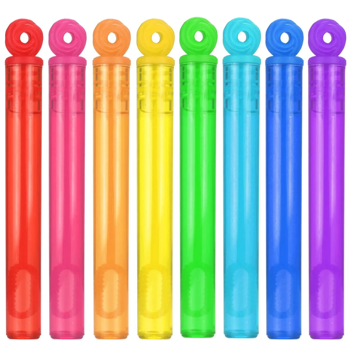 A set of 32 mini bubble wands in eight bright colours, each with a small wand and bottle