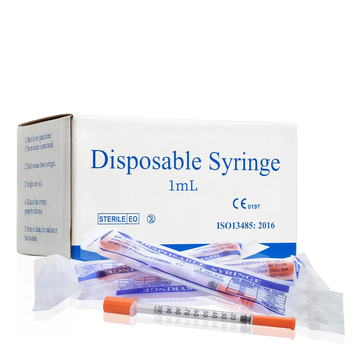 Box of 100 individually wrapped 1mL syringes with yellow caps