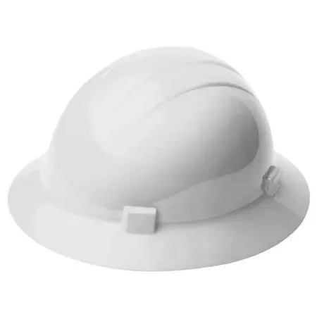 White full-brim hard hat with four-point ratchet suspension