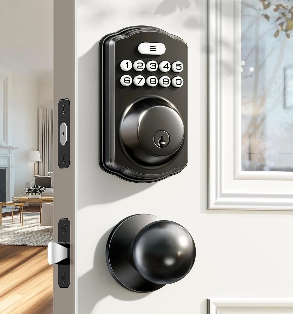 Matte black electronic deadbolt with two knobs and backlit keypad
