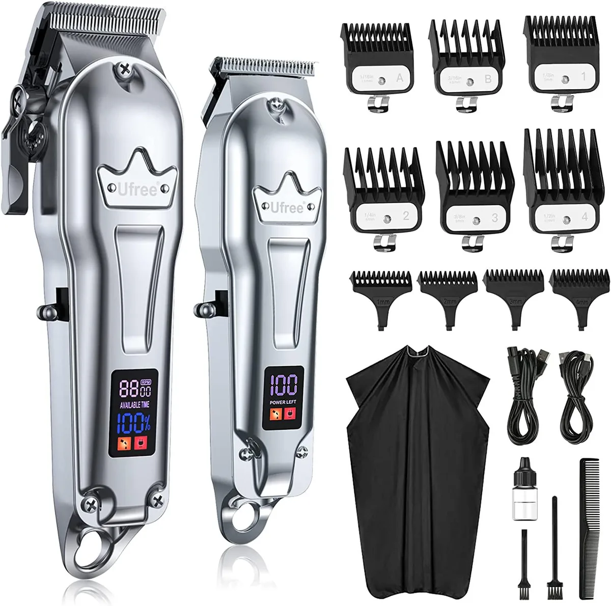 Silver professional hair clipper and beard trimmer kit with multiple guards and adjustable blade