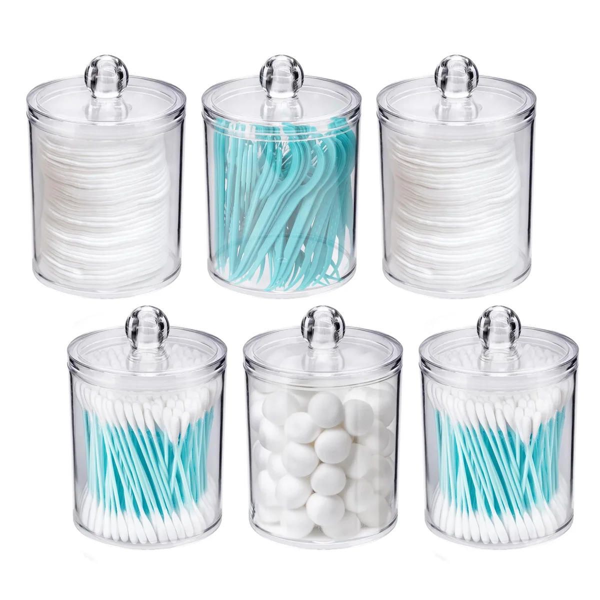 Six clear plastic apothecary jars with black lids and labels, three 10oz and three 12oz
