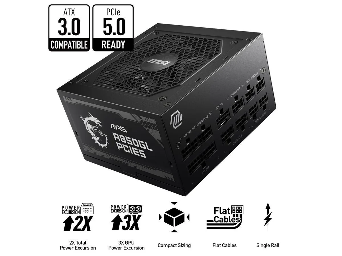 MSI MSI MAG A850GL PCIE5 850W ATX 3.0 12VHPWR power supply — product photo