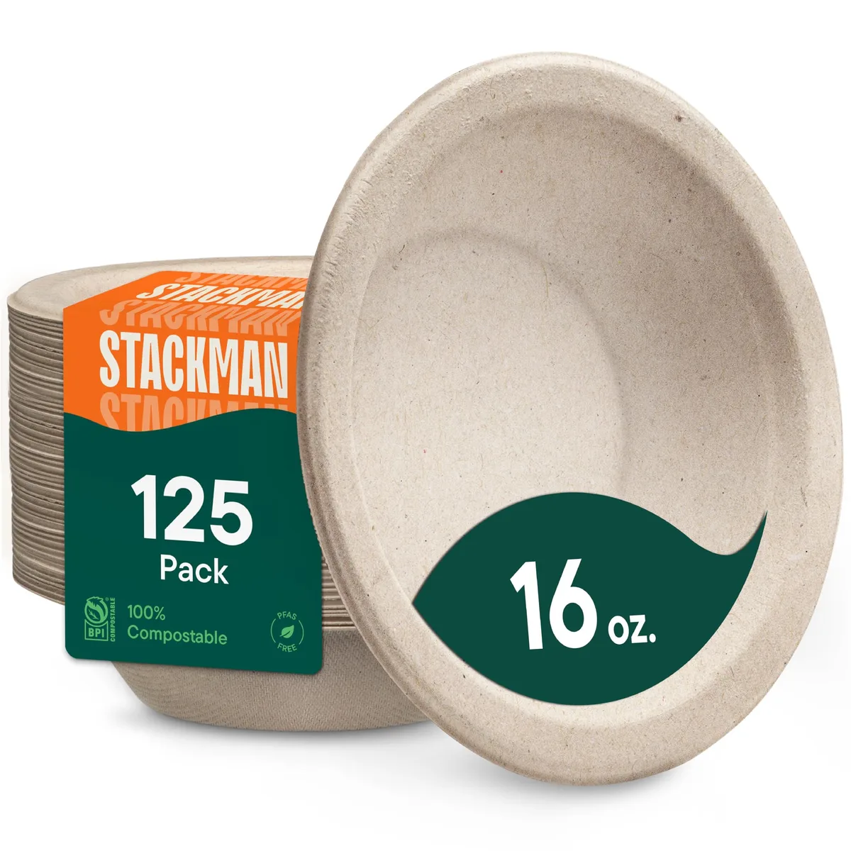 Stack of round brown bagasse bowls, 125-count pack