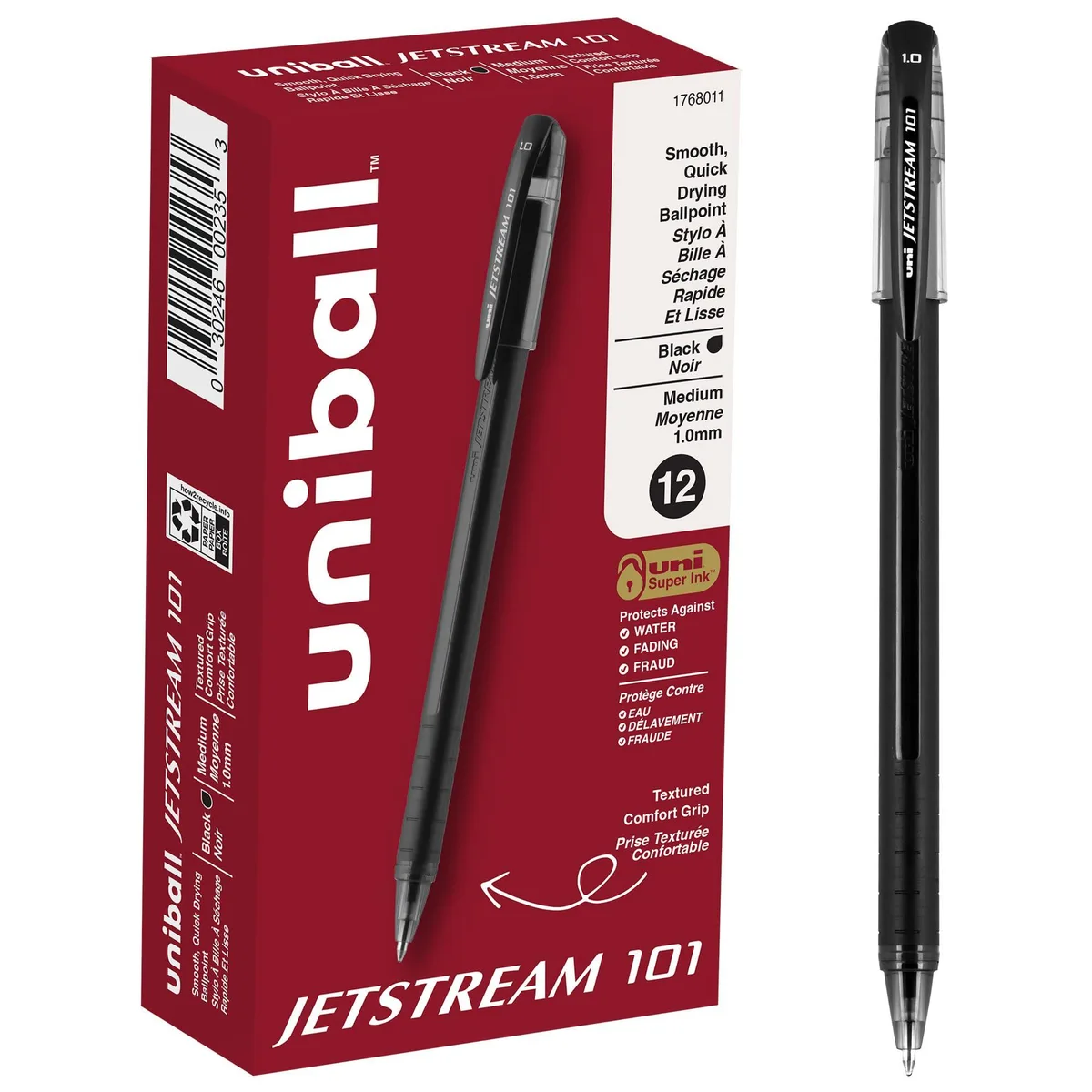 Twelve black retractable ballpoint pens in plastic barrels, 1.0mm medium point