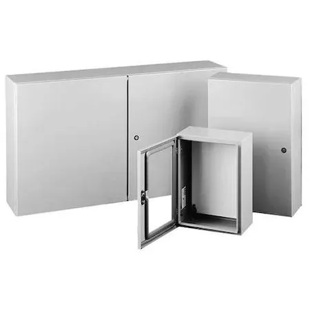 Gray carbon steel wall-mount enclosure with hinged solid cover and quarter-turn latches, 30 by 20 by 8 inches