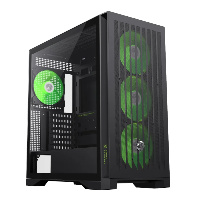 Black mid-tower case with tempered glass side panel and claw-pattern mesh front