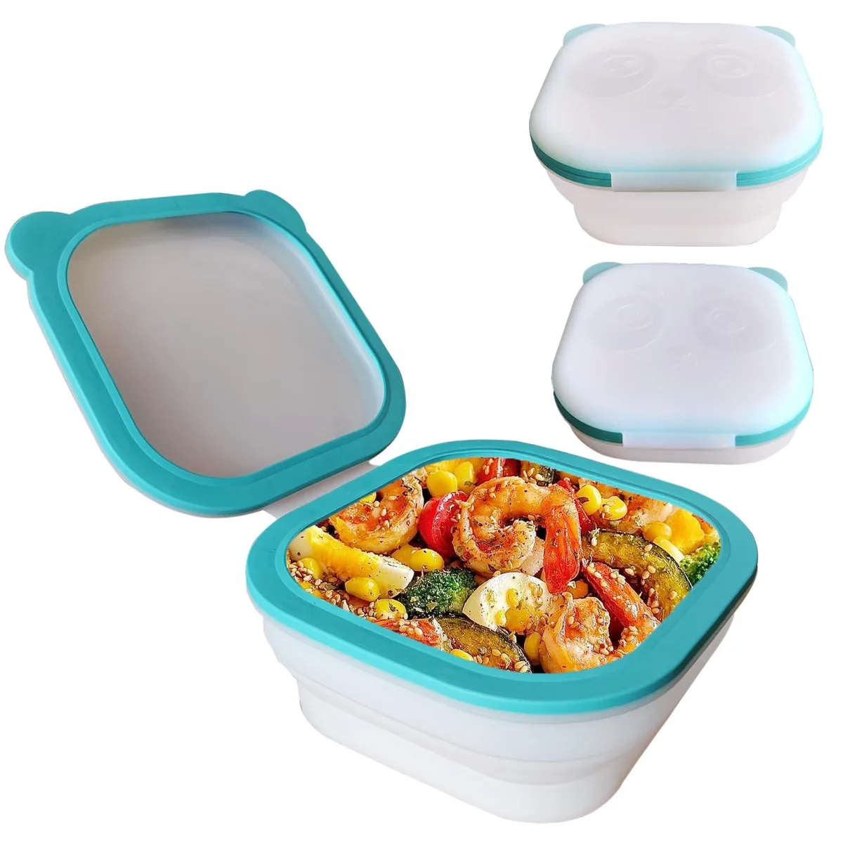 Silicone food container with magnetic lid and panda face, collapses to 1.57 inches