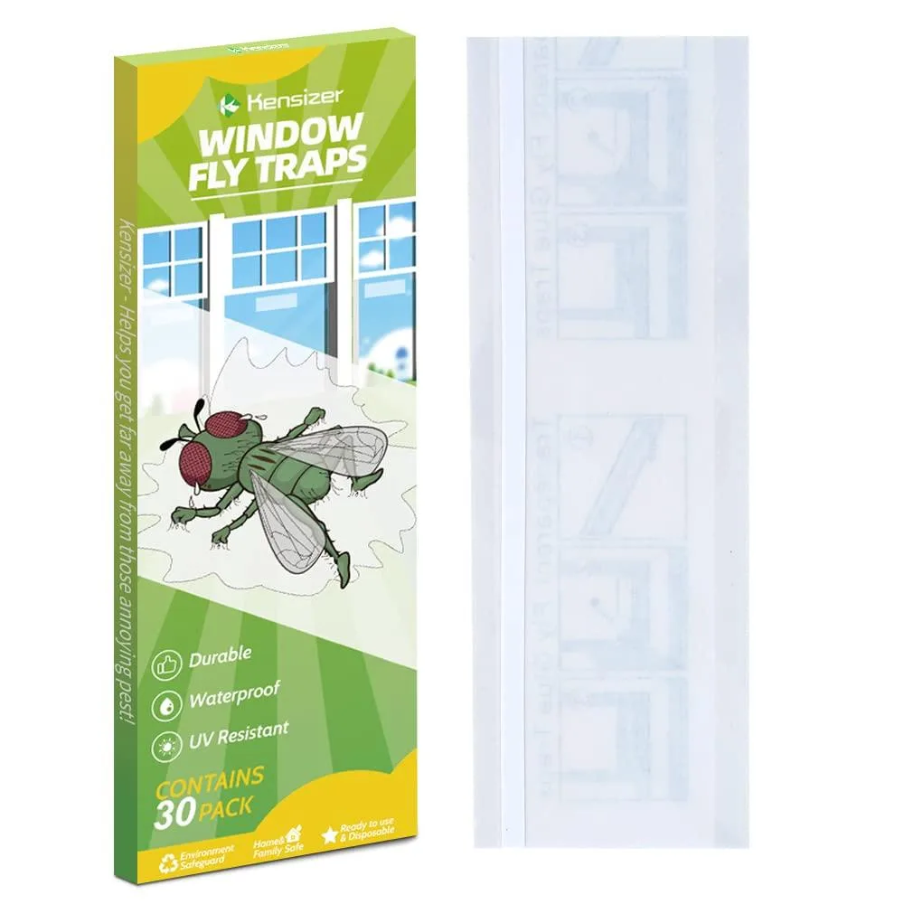 Clear rectangular adhesive strips on a window pane, thirty per pack