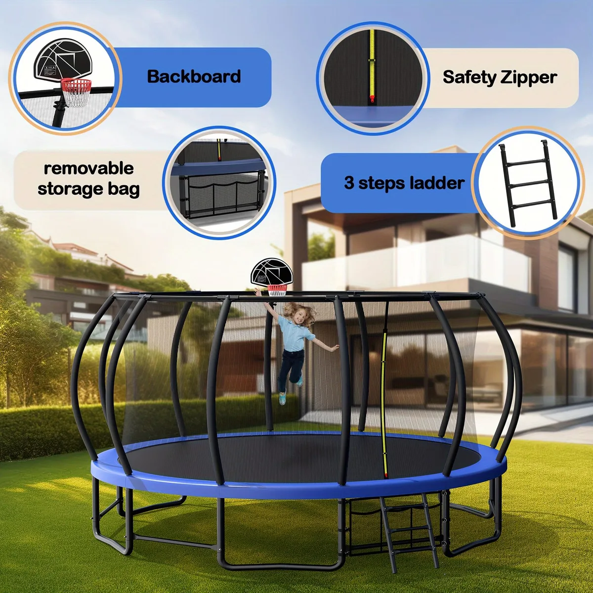 MERSCO MERSCO 15FT Trampoline Blue with Basketball Hoop &amp; Safety Net — product photo