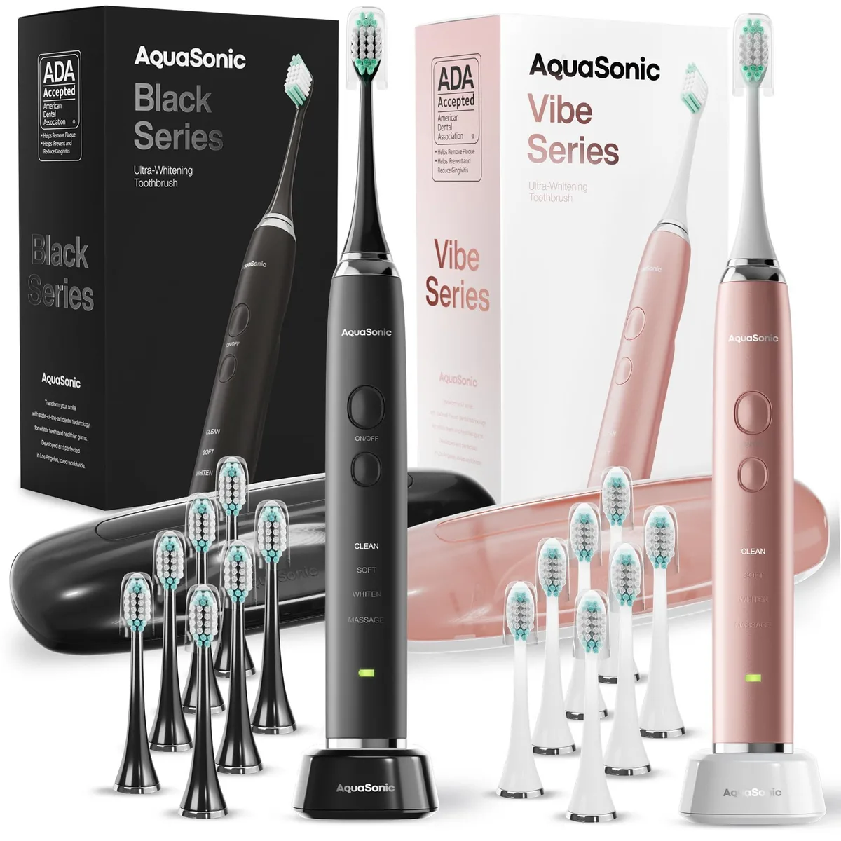 Two electric toothbrushes, one black and one rose gold, with travel cases and charging bases