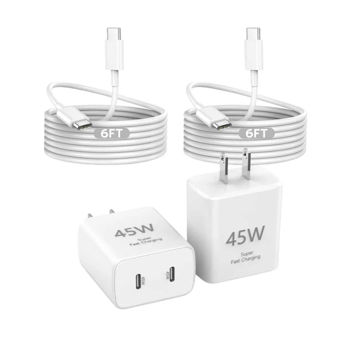 Two white dual-port USB-C chargers with two braided cables