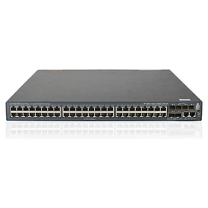 Silver 1U rack-mountable switch with 48 RJ-45 ports and four SFP slots
