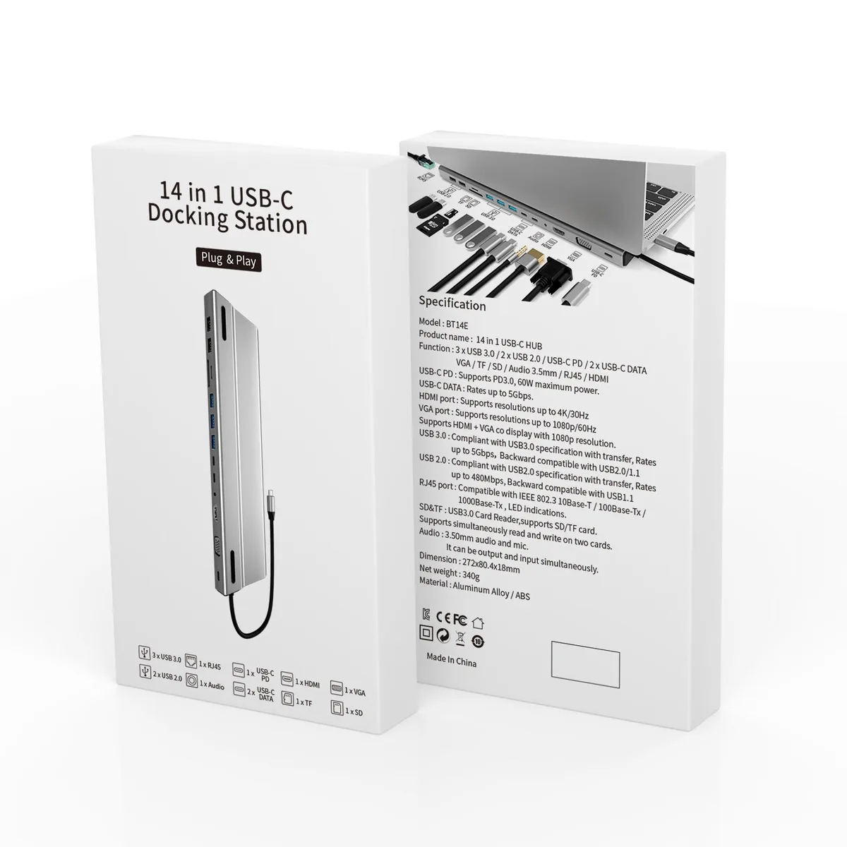 Silver rectangular USB-C docking station with multiple ports on both sides