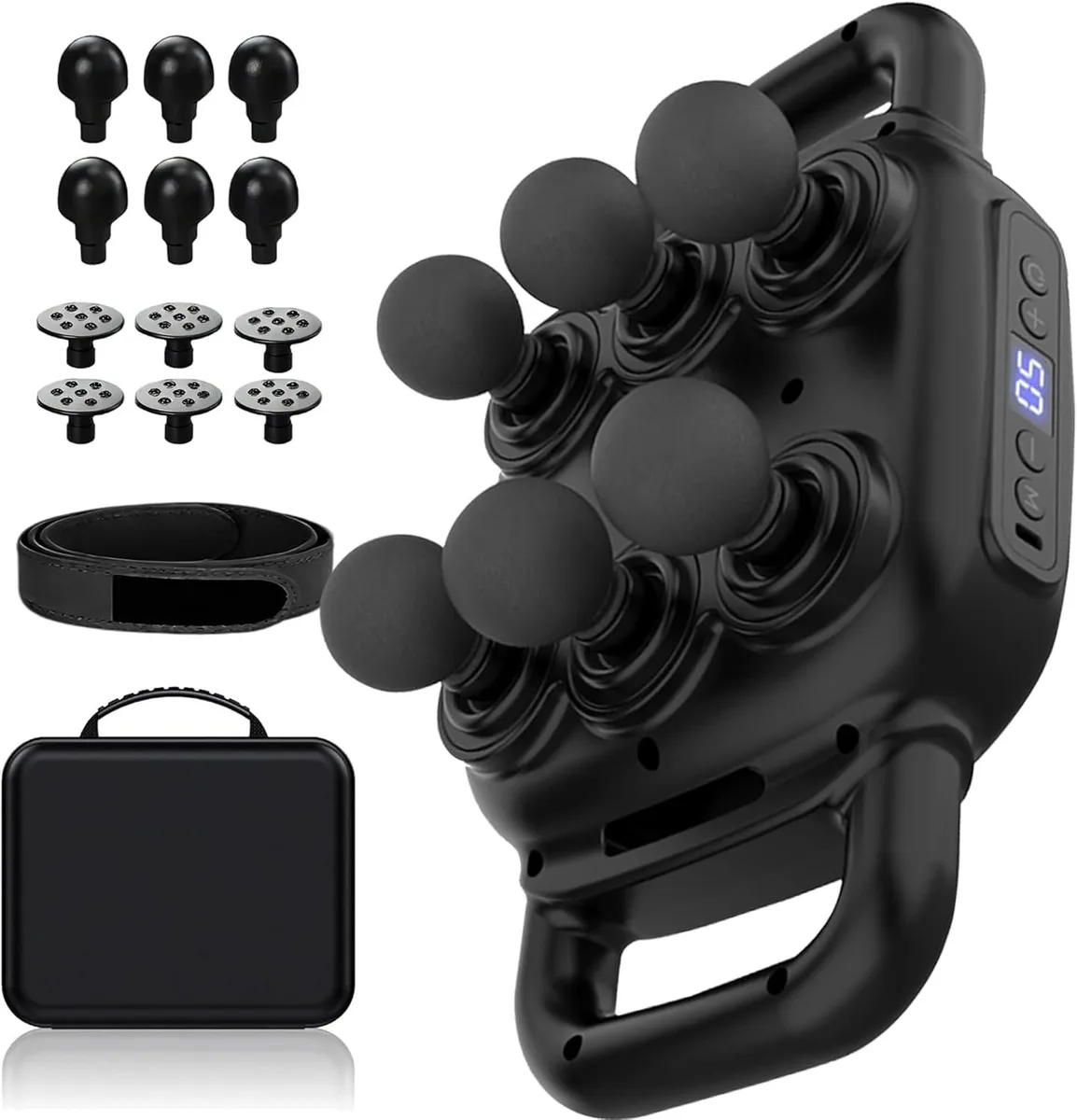 Blue handheld massage gun with six interchangeable heads and adjustable waist strap
